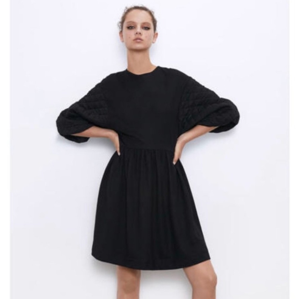 Zara Black Quilted Puff Balloon Sleeve Dress Size Small